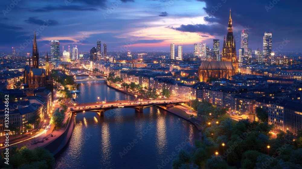 Obraz premium Serene Cityscape at Dusk with River and Illuminated Skyline
