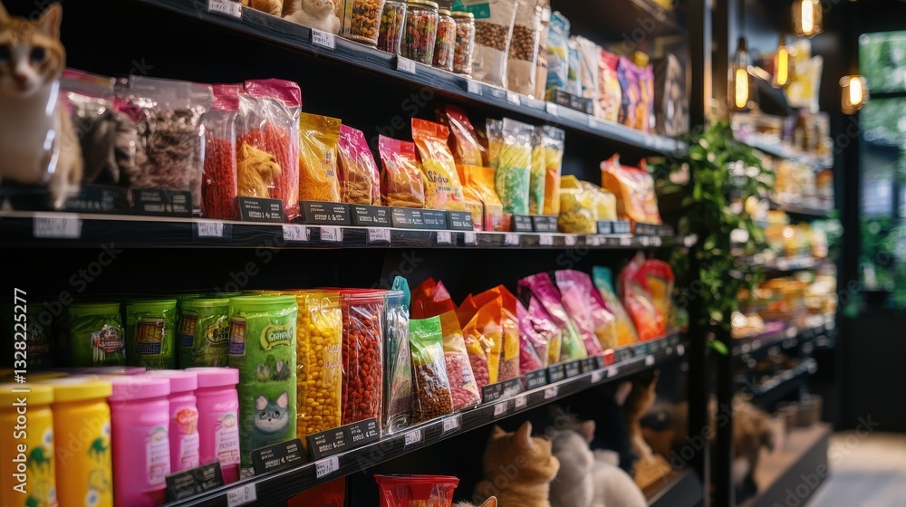 Fototapeta premium Colorful Pet Food and Treats Display in Retail Store Interior