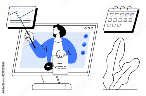 Person presenting data on a monitor with a pointer, charts, calendar, and plant. Ideal for webinar, online teaching, remote work, planning, data analytics scheduling flat simple metaphor