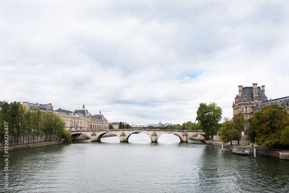 Obraz premium View landscape and cityscape of Paris city with river cruises sailing in Seine river