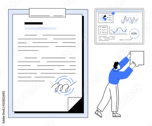 Large signed document, interactive data charts, and person positioning a display. Ideal for business, teamwork, presentation, finance, workflow, digital tools flat simple metaphor
