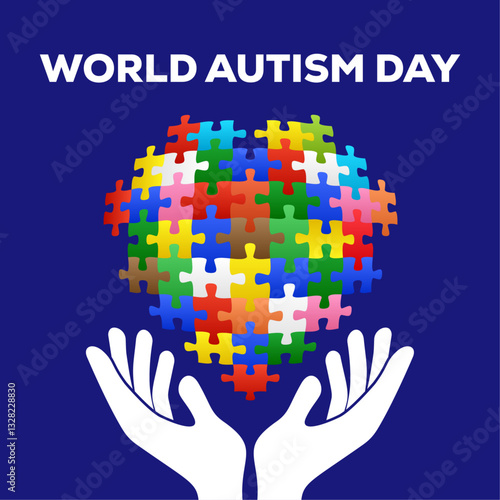 World Autism Day. Hands holding colorful puzzle heart love sign. Vector isolated on blue background.