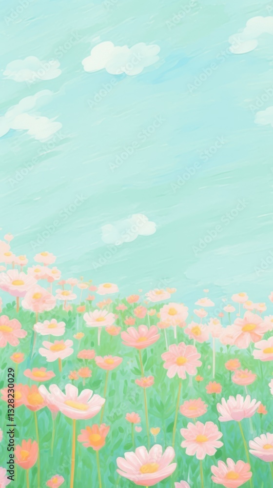 Naklejka premium Green meadow and blooming flowers illustration nature colors.