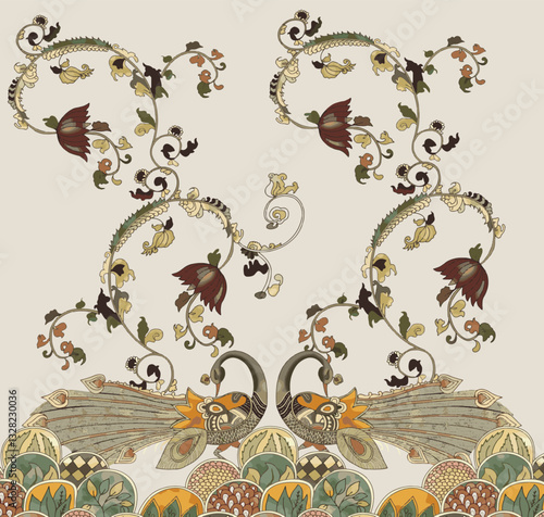  Indian Kalamkari style peacock Design, Digital Print Element, Motif Design For Textile design, indian style saree design, madhubani kalamkari.