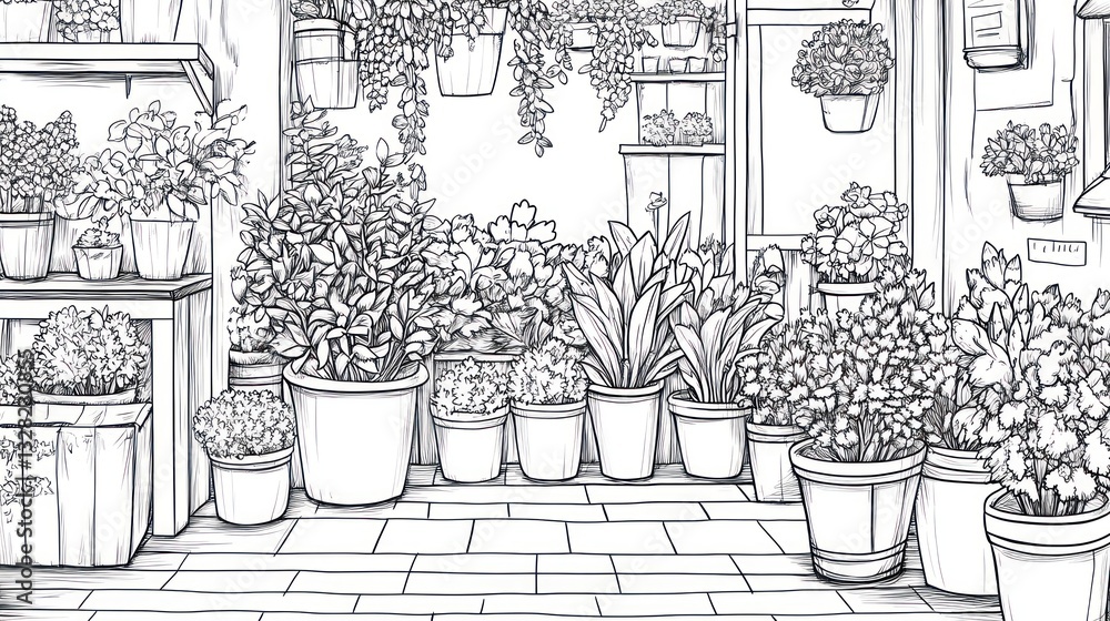 Fototapeta premium Interior of a flower shop, plants, pots, and shelves, illustrations for coloring book
