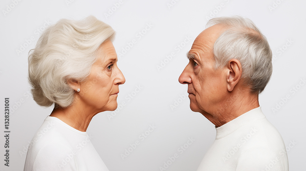 Senior Couple Profile, Facing Each Other, White Background Senior Couple Profile, Facing Each Other, White Background