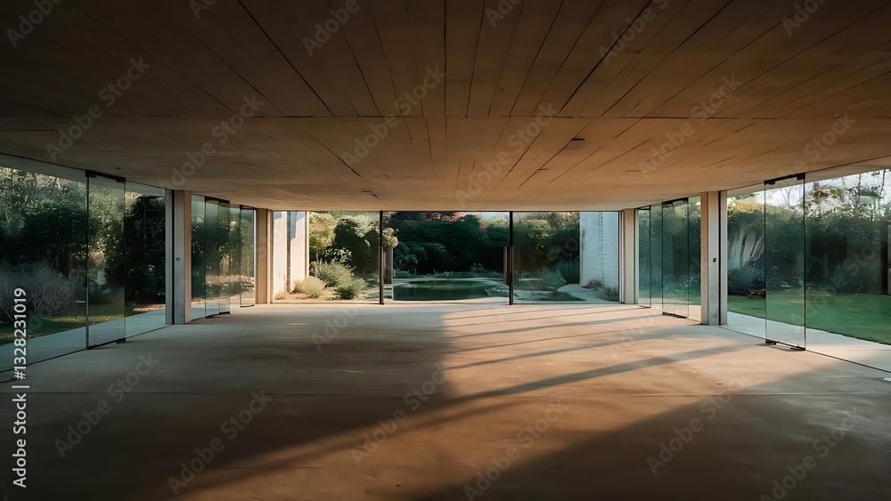 Empty cement hall room interior with empty wall in clear glass building with garden view Empty cement hall room interior with empty wall in clear glass building with garden view