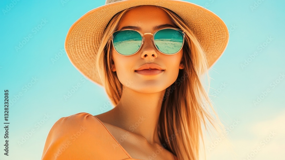 Fototapeta premium fashionably dressed young woman walking on sunny beach with sunglasses and sun hat copy space