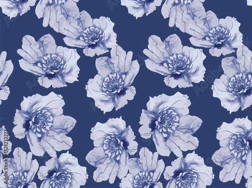 Collection of watercolor peony flowers pattern  isolated on blue background in allover pattern. Watercolor seamless pattern with flowers. Hand drawn illustration