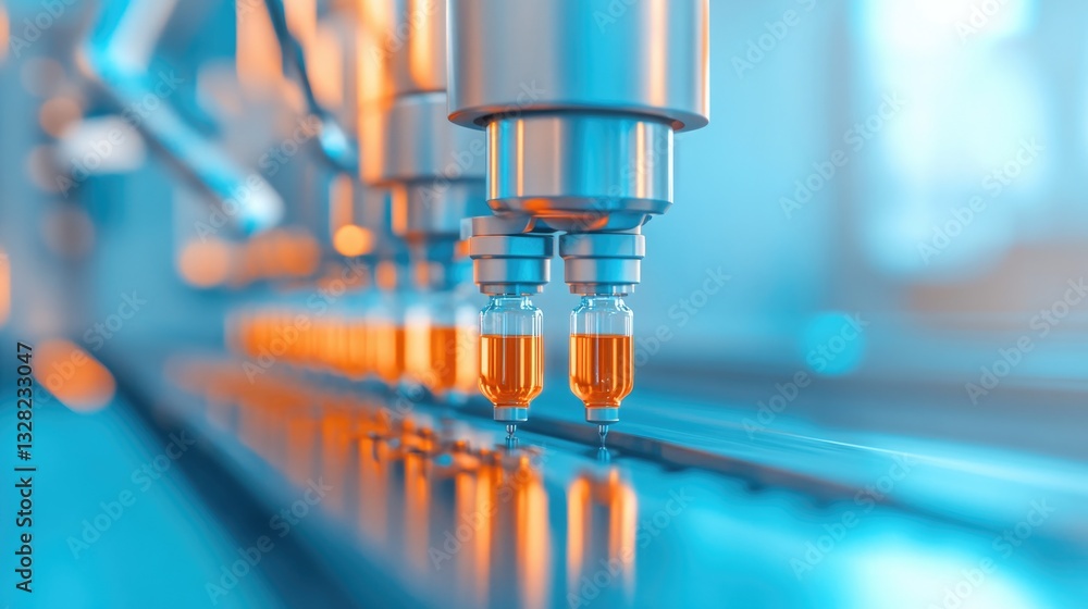 futuristic depiction of vaccine factory assembly line featuring robotic machinery carefully sealing vials illuminated futuristic depiction of vaccine factory assembly line featuring robotic machinery carefully sealing vials illuminated