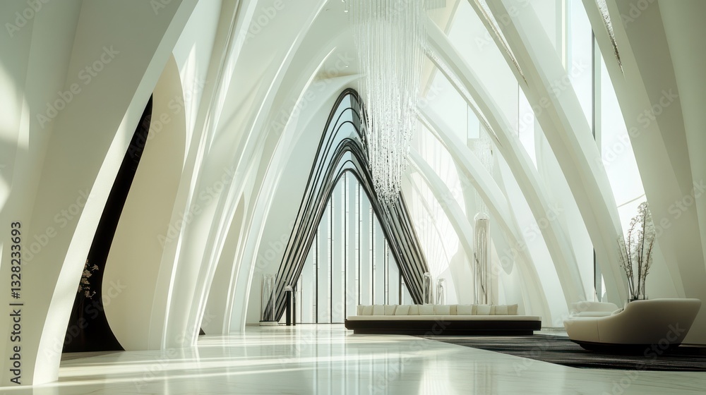 Fototapeta premium Modern lobby, curved walls, sunlight, waiting area, architectural design