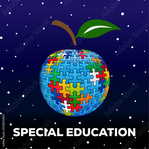 Special Education. Apple globe world map concept design. Vector isolated on blue background.	
