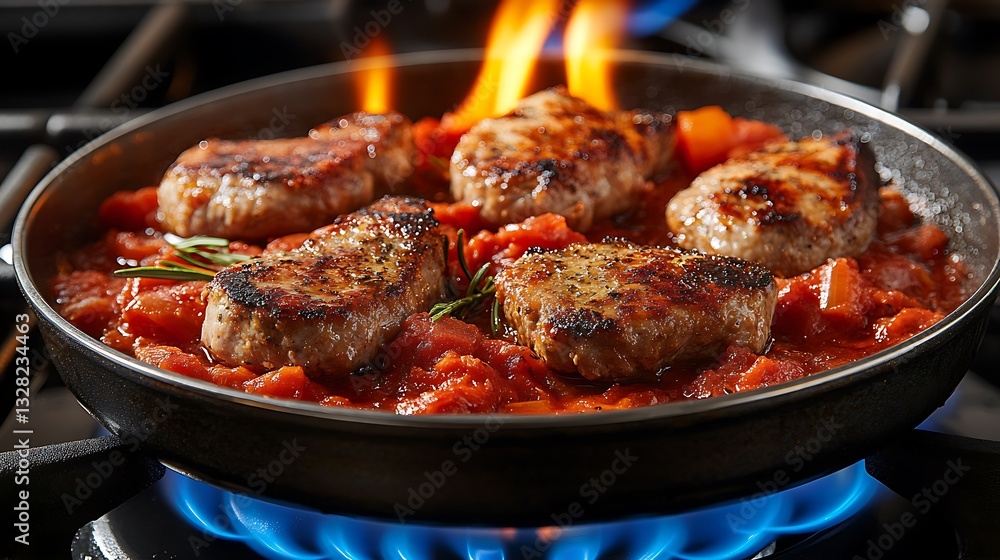 Sizzling pork medallions in tomato sauce. Sizzling pork medallions in tomato sauce.
