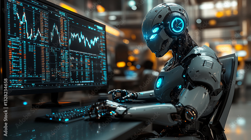 Fototapeta premium Cybernetic AI trader processing stock exchange data on multiple monitors.