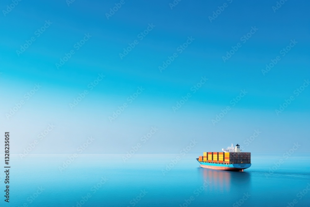 Obraz premium lone cargo ship on vast ocean under clear blue sky leaving horizon with generous copy space above