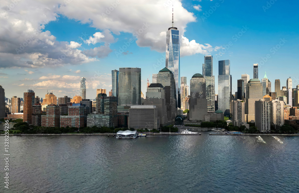 Obraz premium NYC skyline with skyscrapers aerial view. Manhattan and Brooklyn. New York City skyline with Hudson River views. Downtown NYC. New York from waterfront skyline. Panorama of of New York from top.