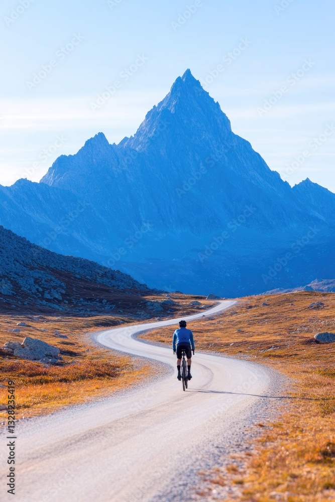 Obraz premium lone cyclist rides winding mountain road surrounded by towering peaks under clear blue sky