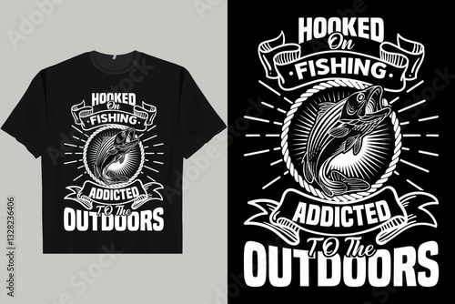 Japanese Retro Harajuku Ukiyo-HOOKED ON FISHING ADDICTED TO THE OUTDOORS Men's Women's T-Shirt
