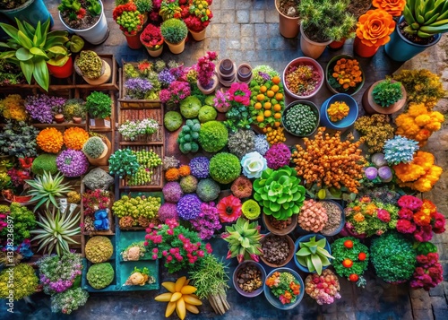 Overhead View Vibrant Street Flower Shop Colorful Succulents Orchids Floral Arrangement