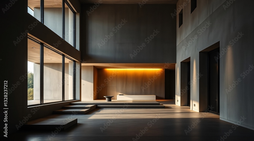 Fototapeta premium contemporary minimalist house, raw concrete walls, large windows define the open floor plan
