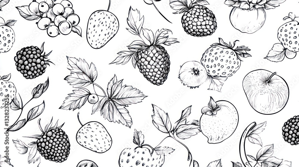 Sketch of berries and apples; seamless pattern; white background; food design