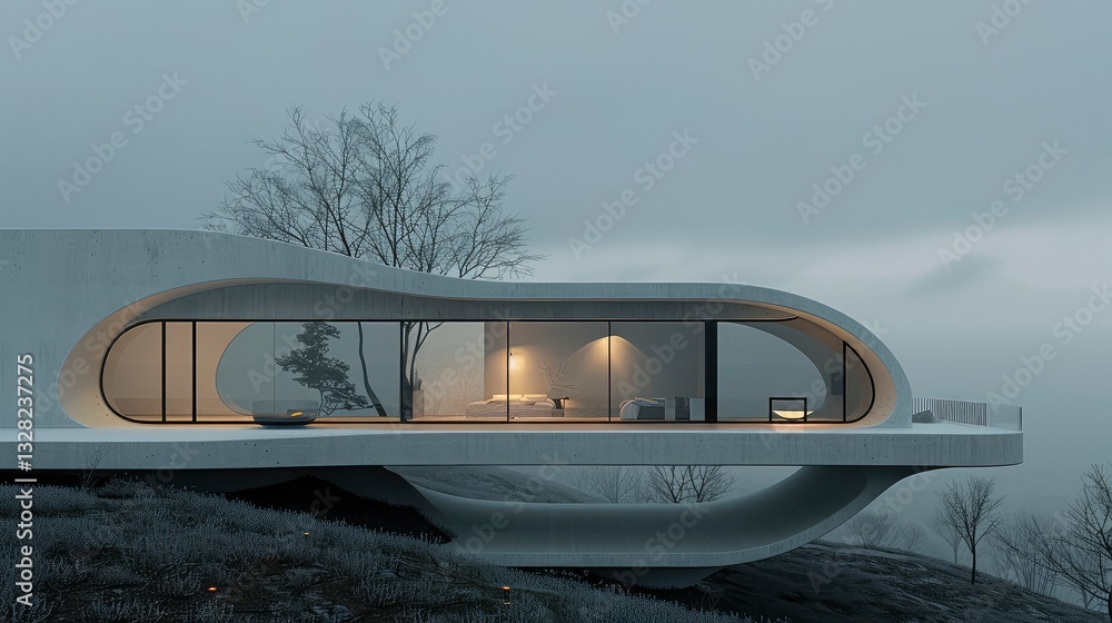 Modern minimalist concrete house with panoramic windows overlooking a winter landscape. Modern minimalist concrete house with panoramic windows overlooking a winter landscape.