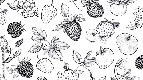 Obraz na płótnie Sketch of berries and apples; seamless pattern; white background; food design w salonie
