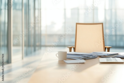 Wallpaper Mural modern office setting with large conference table filled with financial documents laptop and coffee cups glass walls Torontodigital.ca