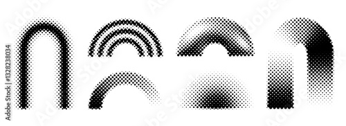 Black halftone arch collection. Pixel gradient arc set. Dotted pop art curve element bundle for collage, graphic design template, banner, poster, flyer. Vector comic halftone bitmap warp pack