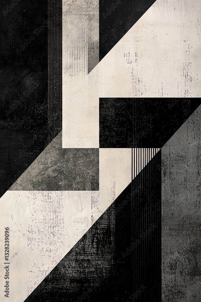 Geometric Art Composition in Black and White Shades with Textured Surfaces Geometric Art Composition in Black and White Shades with Textured Surfaces