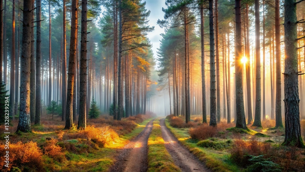 Fototapeta premium Panoramic Autumn Pine Forest Path, Foggy Evening Landscape