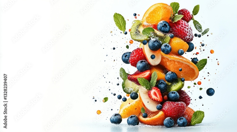 Obraz premium Colorful Stack of Fresh Fruits with Sprigs of Mint and Bubbles on White Background