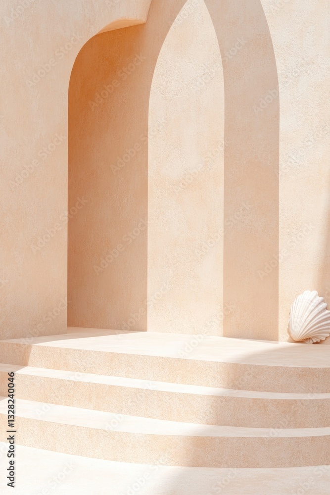 Fototapeta premium sandy podium with shell-like textures softly illuminated under natural light with smooth curves and wide copy space