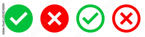 Set of green check marks and red cross icons in filled and outline styles, symbolizing correct and incorrect choices. Ideal for UI, web, apps, presentations, and decision-making visuals. Icons, vector