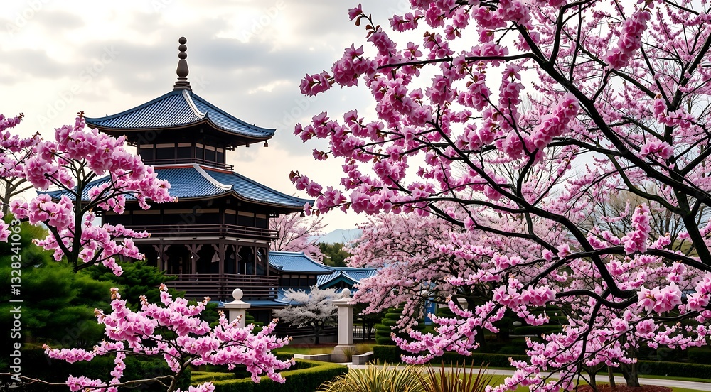 beautiful japan temple in sakura garden with pink cherry trees beautiful japan temple in sakura garden with pink cherry trees