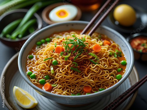 Delicious Steaming Bowl of Maggi Noodles with Fresh Vegetables and Egg.