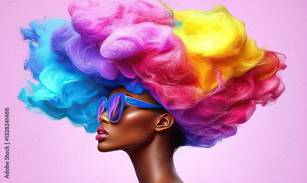 Vibrant Woman with Colorful Hair and Sunglasses Against a Pink Background Vibrant Woman with Colorful Hair and Sunglasses Against a Pink Background