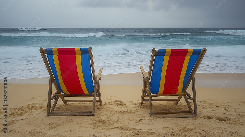 Pair of Colorful Deckchairs on a Sandy Beach Pair of Colorful Deckchairs on a Sandy Beach
