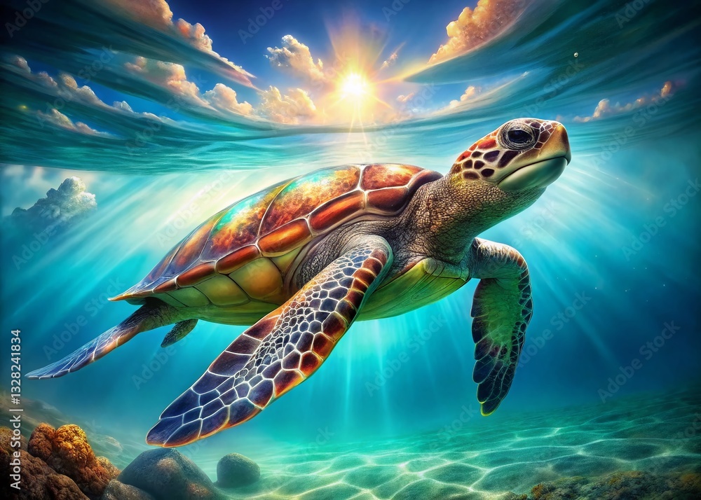 Fototapeta premium Panoramic Colorful Turtle Swimming Turquoise Ocean - Aquatic Wildlife Stock Photo