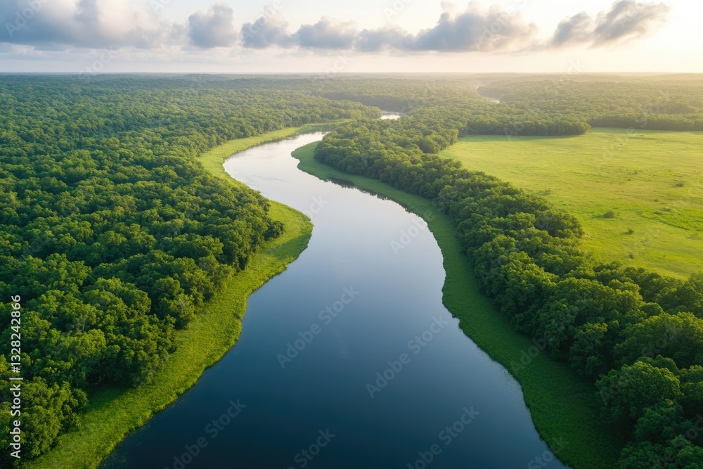 serene tranquil river winding through green forests in picturesque landscape under azure skies offering ample negative serene tranquil river winding through green forests in picturesque landscape under azure skies offering ample negative