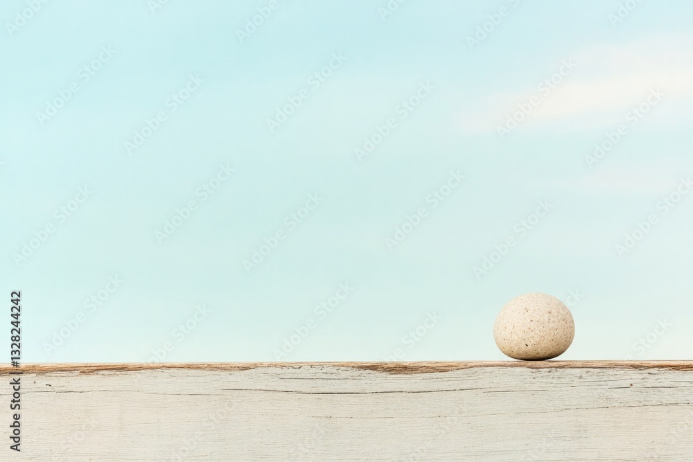 single rounded pebble balanced delicately on edge of weathered wooden plank against soft blue sky backdrop gently conveying single rounded pebble balanced delicately on edge of weathered wooden plank against soft blue sky backdrop gently conveying