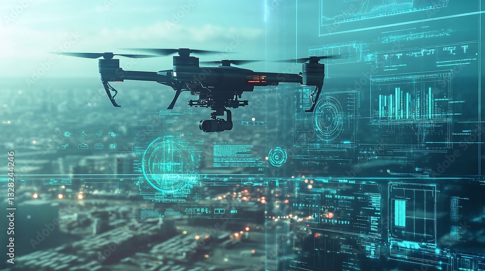 Fototapeta premium Futuristic Drone Technology: Aerial Surveillance and Data Analysis over Cityscape