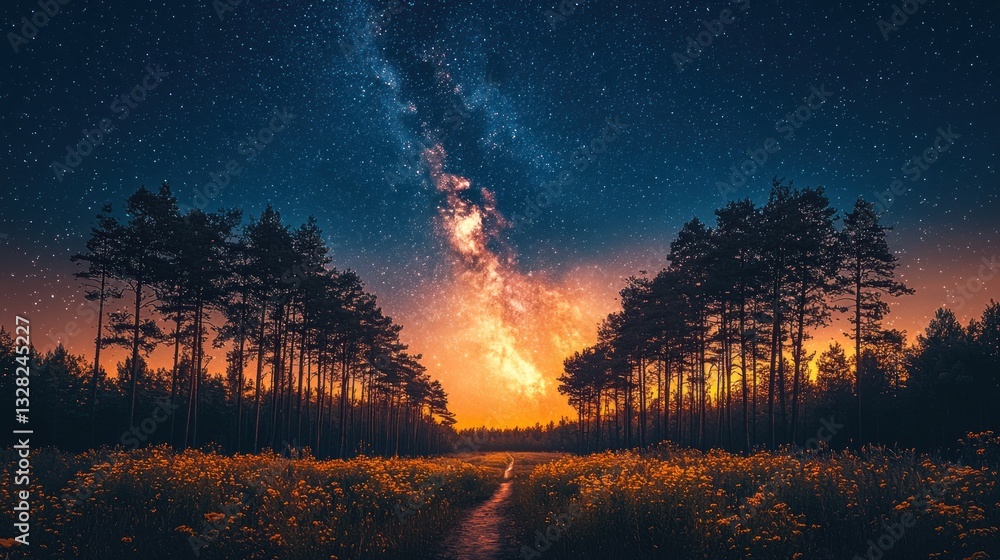 Obraz premium Milky Way over a sunset forest path.
