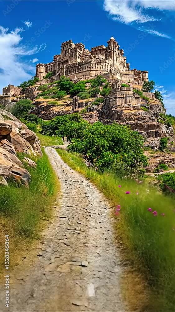 Ancient fortress on rocky hill with stone path and blue sky landscape, Medieval hilltop fortress with rugged stone pathway and wildflowers Ancient fortress on rocky hill with stone path and blue sky landscape, Medieval hilltop fortress with rugged stone pathway and wildflowers