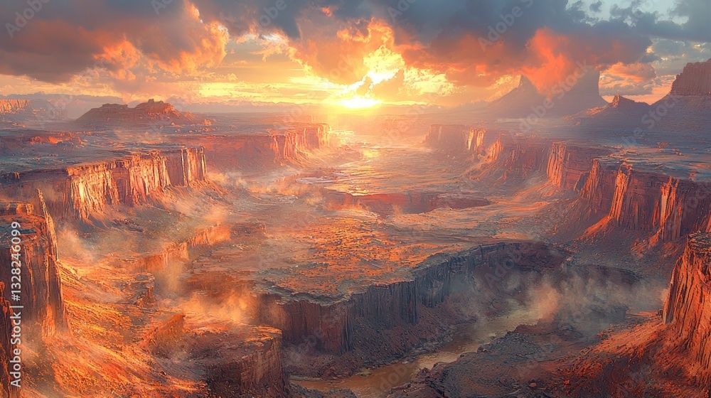 Fototapeta premium Majestic sunset over a vast canyon landscape, with hazy atmosphere and vibrant colors.