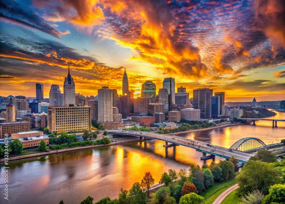 Obraz premium Panoramic Nashville Skyline at Sunset, Vibrant Cityscape