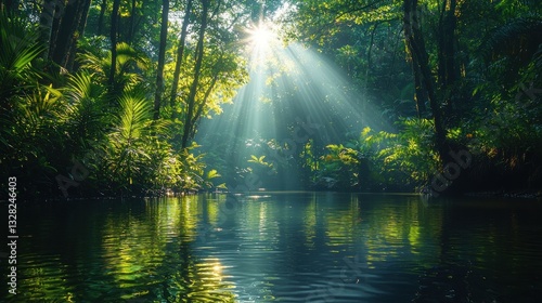 Sunbeams illuminate lush rainforest river.