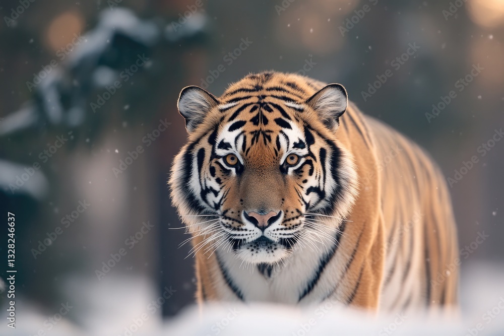 solitary siberian tiger prowls through dense snowy forest its amber eyes and focused on distant horizon solitary siberian tiger prowls through dense snowy forest its amber eyes and focused on distant horizon