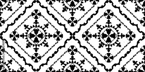 Ikat geometric seamless oriental ornament in the style of baroque or Victorian traditional classic vector black and white pattern. Tiles and pottery patterns, wallpaper, rugs, curtains, and blankets.