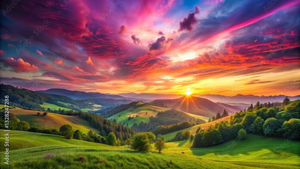 Fototapeta premium Panoramic Pink & Purple Sunset Sky over Lush Green Landscape - Crystallized Painting Effect